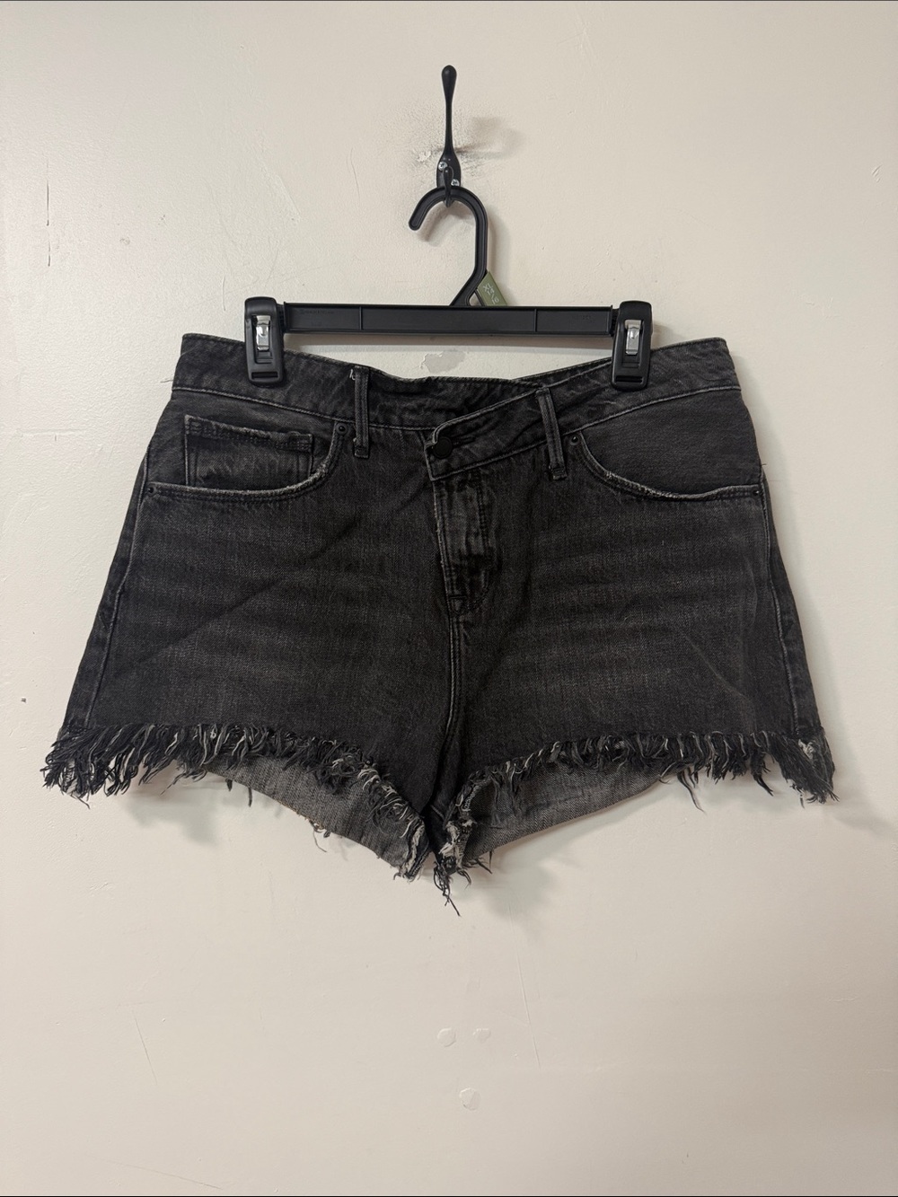 Good American Black Frayed Hem Denim Cutoff Shorts